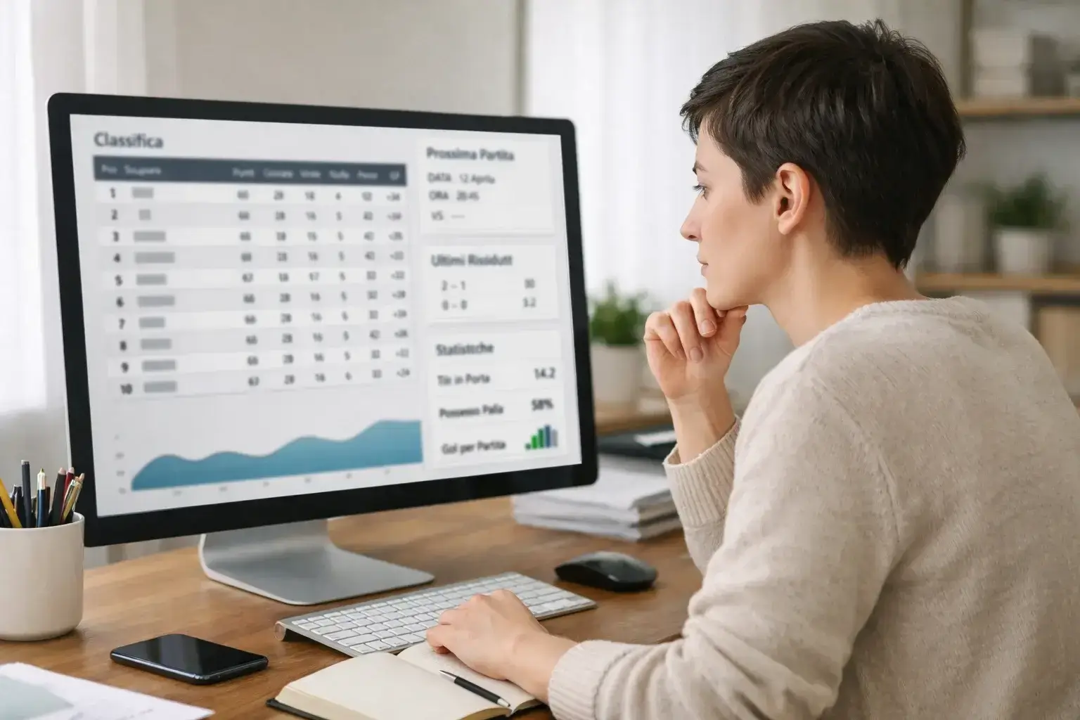 Persona che studia statistiche calcio su computer