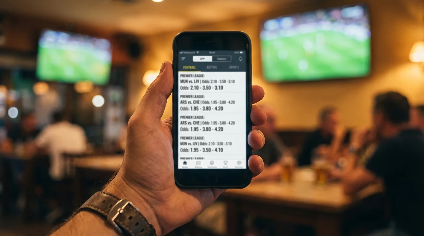 Mano che tiene uno smartphone con app di scommesse aperta durante una partita di calcio