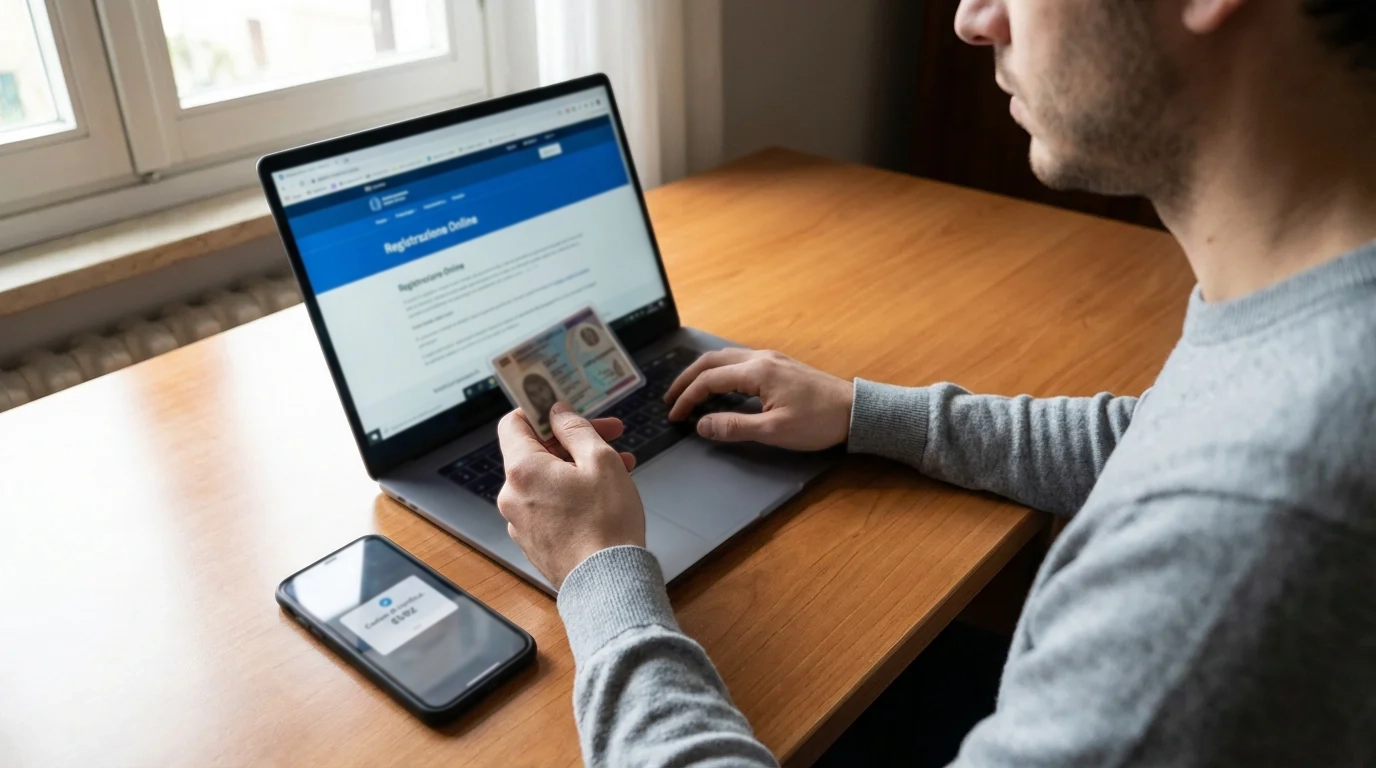 Persona con documento d'identità e smartphone che completa la registrazione online