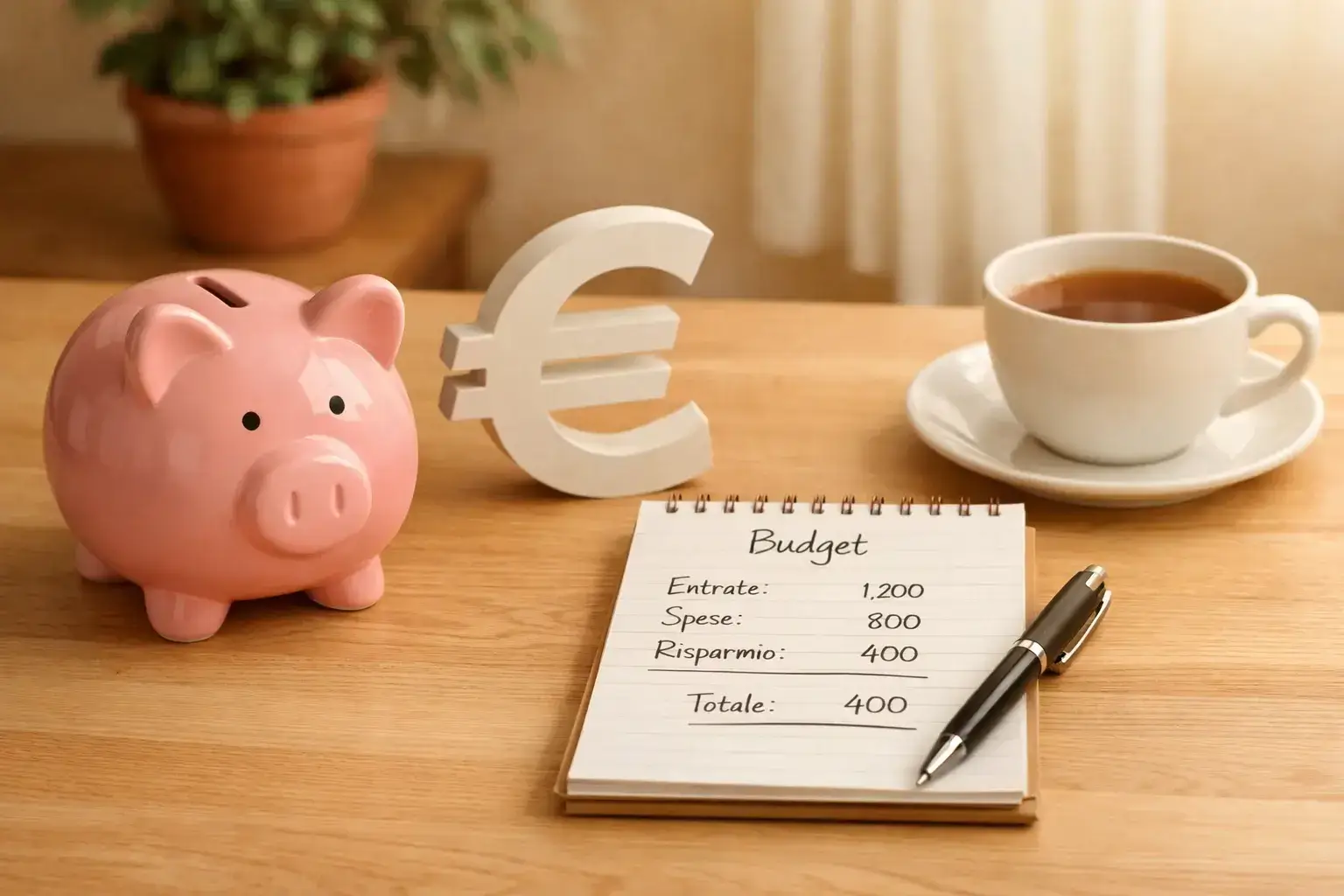 Salvadanaio con simbolo euro e appunti