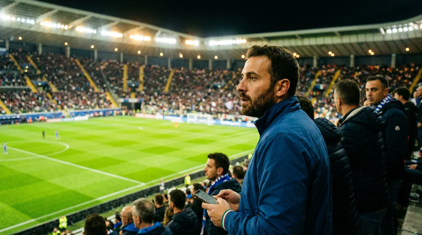 Tifosi che guardano una partita di calcio allo stadio con schermo che mostra le quote