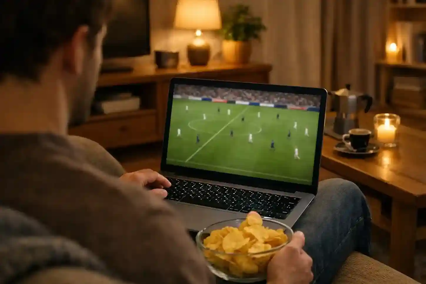 Persona che guarda partita di calcio in streaming su laptop