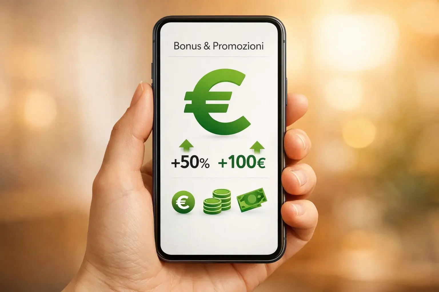 Mano che tiene smartphone con simbolo € e icone di promozione