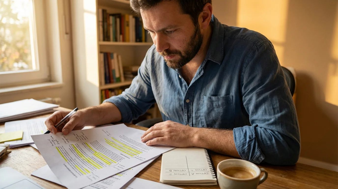 Uomo seduto alla scrivania studia documenti con offerte bonus scommesse calcio su carta