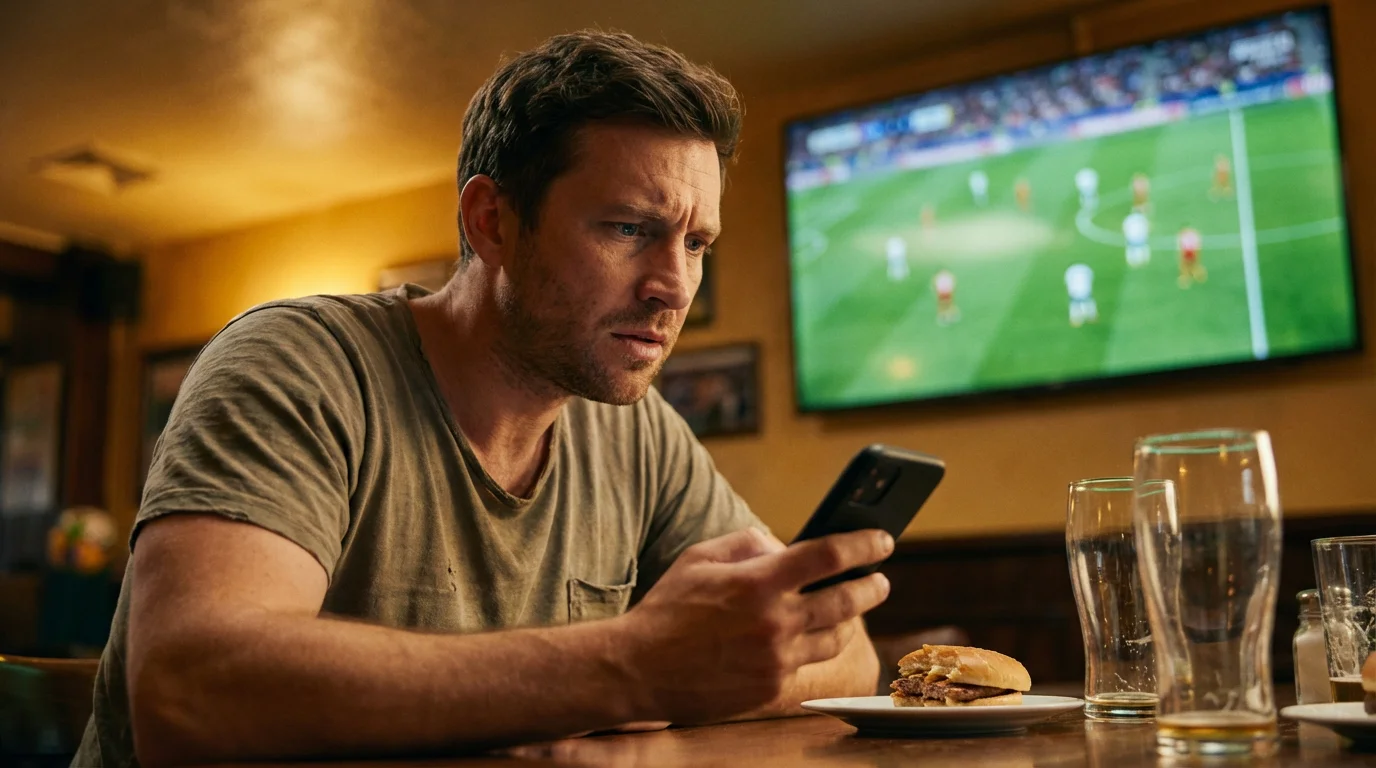 Tifoso che segue una partita di calcio sullo smartphone valutando il cash out della scommessa