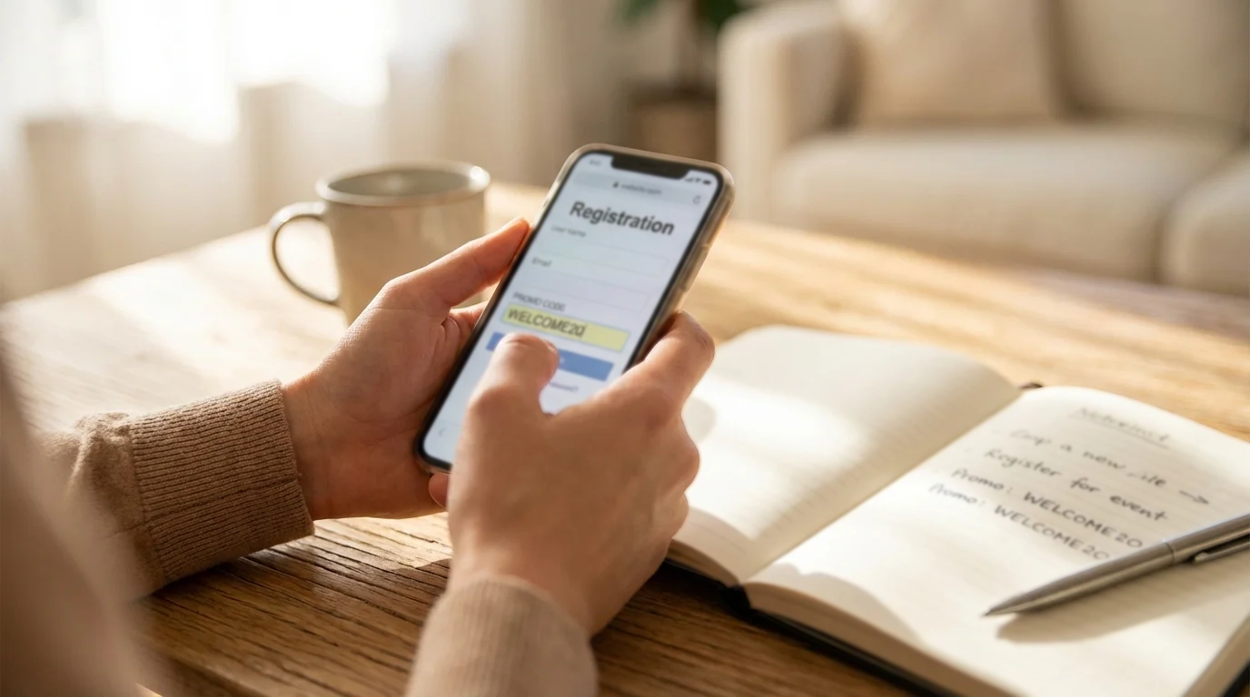 Persona che digita un codice promozionale su smartphone per registrazione scommesse