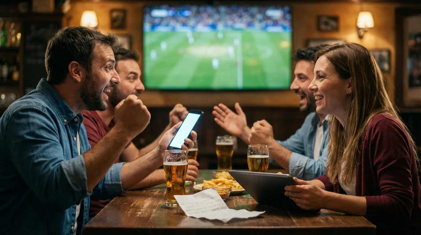 Tifosi di calcio che guardano una partita su smartphone e tablet con schedine scommesse in mano