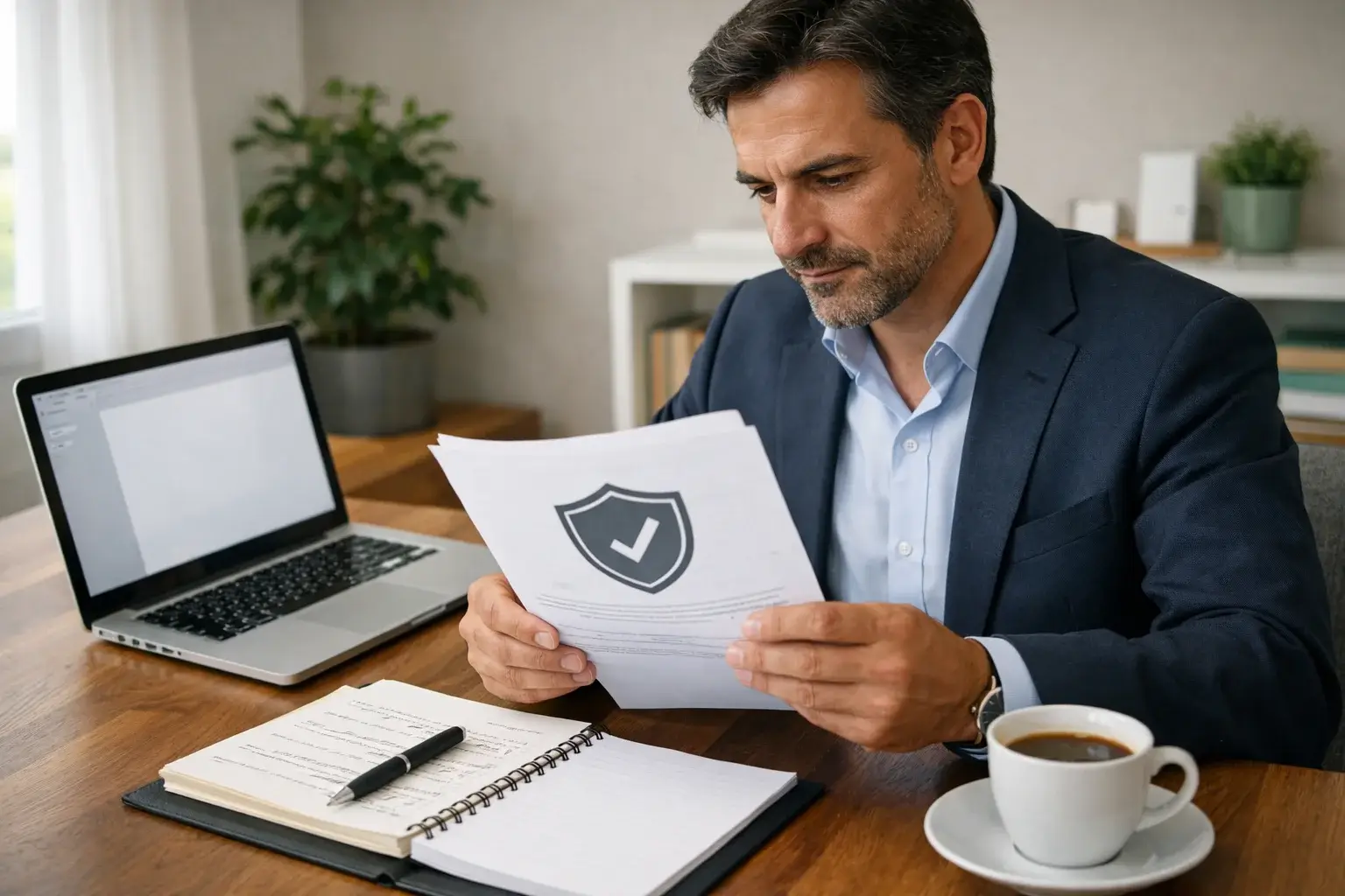 Persona che analizza documenti con logo ADM e simbolo di sicurezza