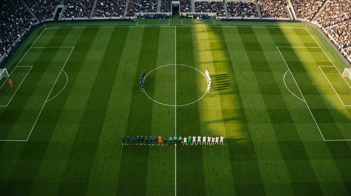 Campo da calcio in erba naturale visto dall'alto con due squadre schierate prima del fischio d'inizio