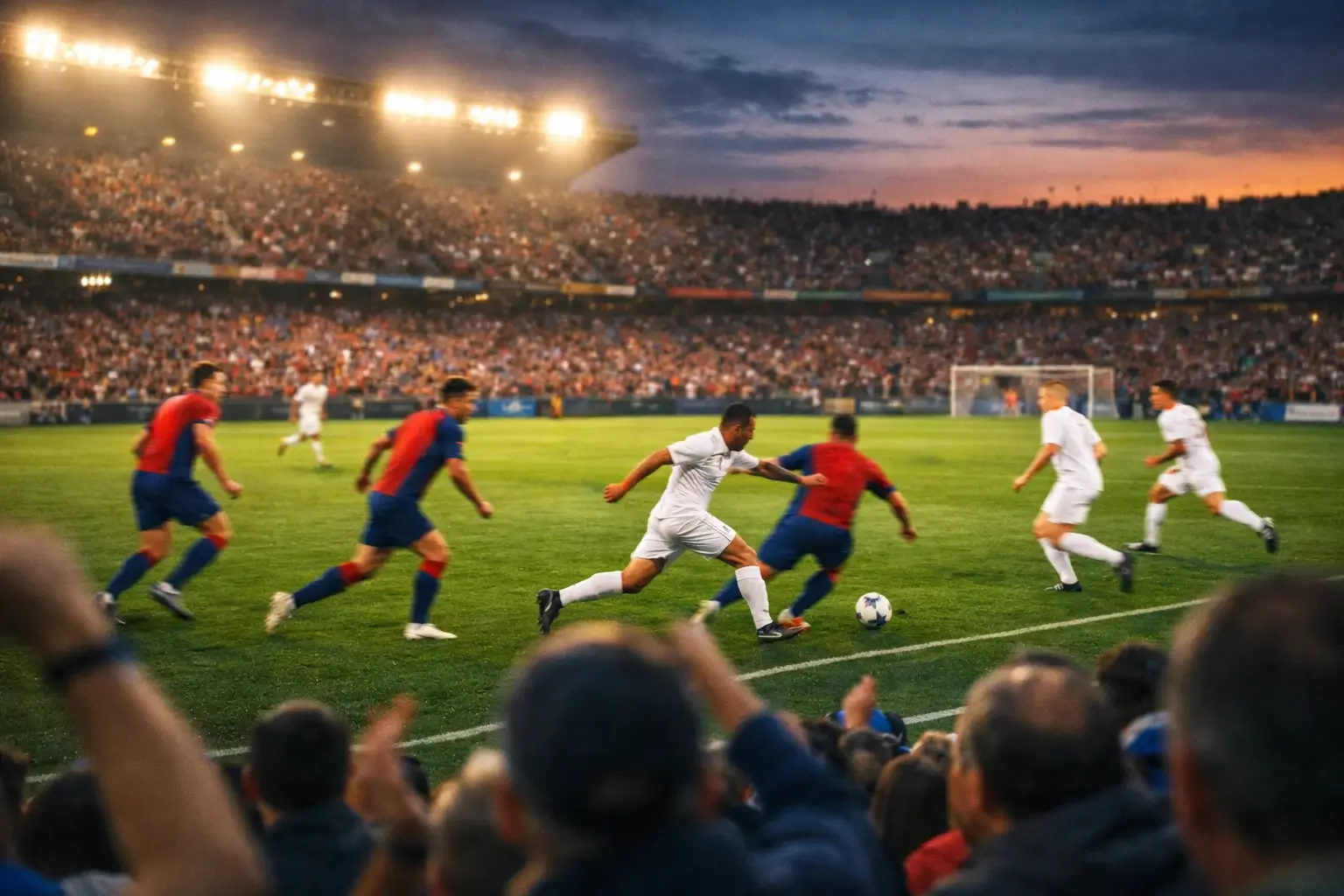 Partita di calcio vista da tribuna con atmosfera serale
