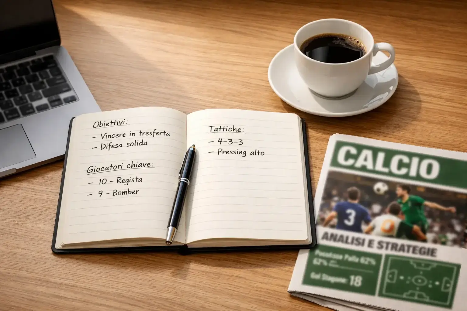 Scrivania organizzata con appunti e analisi sportive