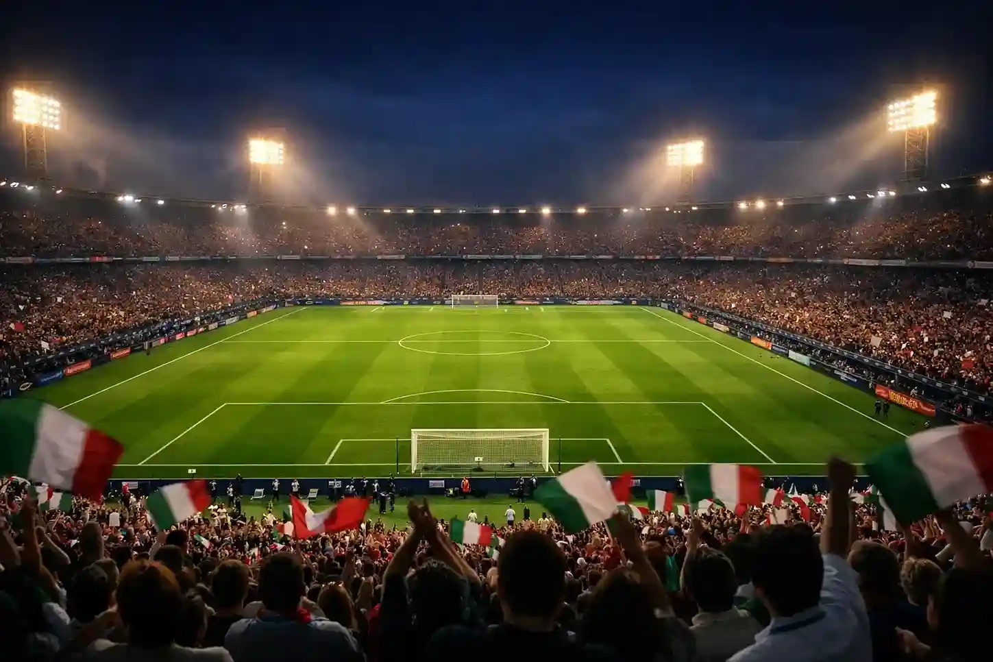 Stadio di calcio con tifosi durante una partita serale