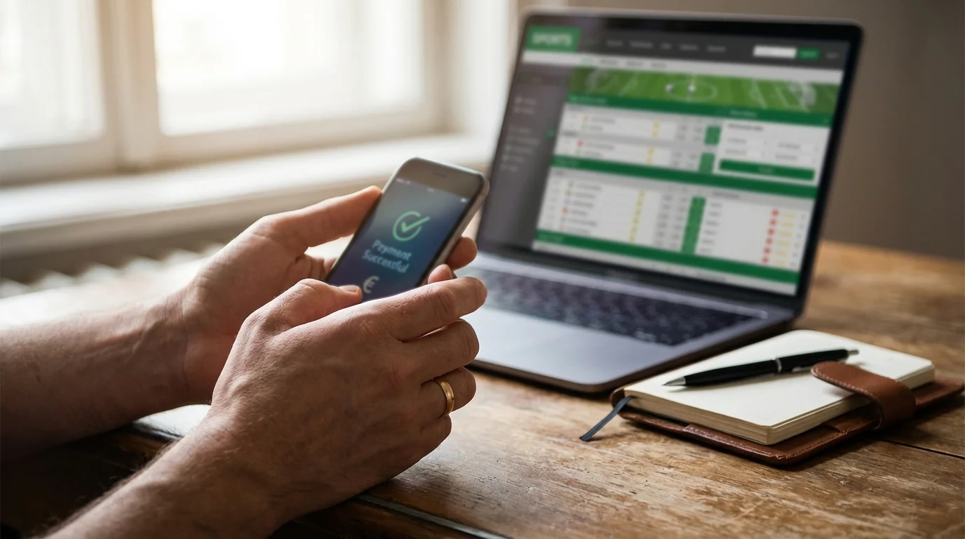 Persona che effettua un pagamento digitale dallo smartphone per scommesse sportive