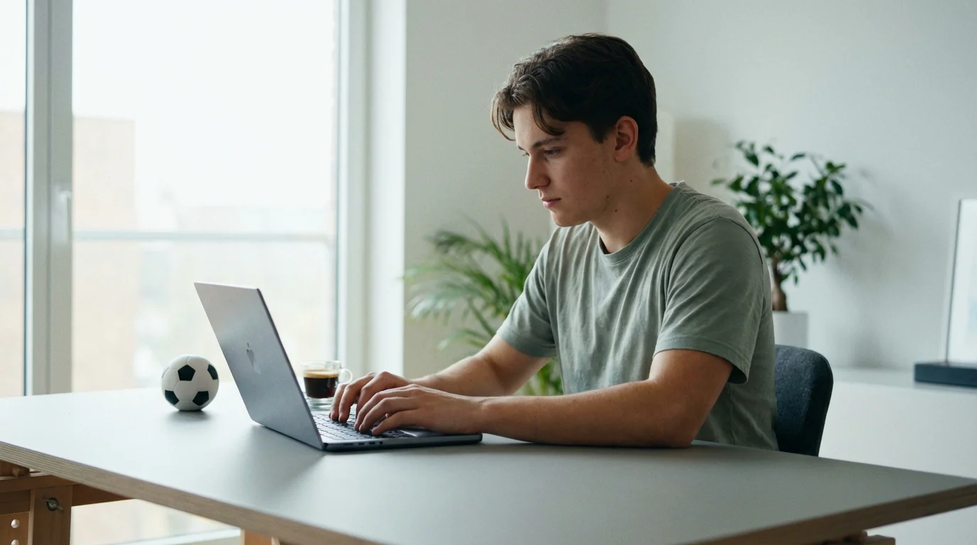 Persona che naviga su un nuovo sito di scommesse sportive dal laptop in un ambiente moderno