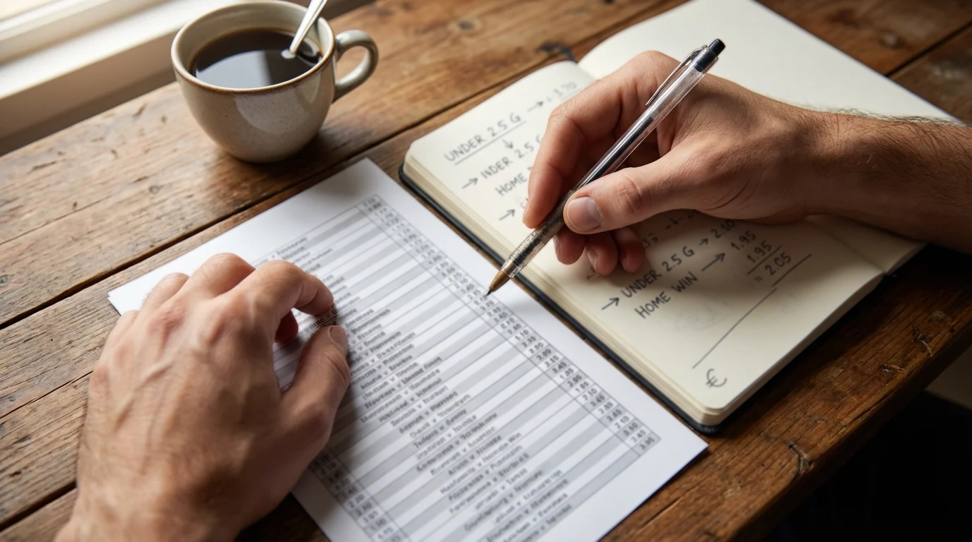 Persona che analizza quote di scommesse calcio su un foglio con appunti e una penna in mano