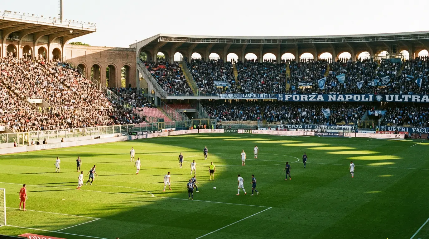 Campo di calcio della Serie A con giocatori in azione visto dalla tribuna dello stadio