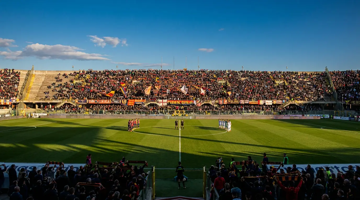 Campo da calcio di Serie A visto dalla tribuna con stadio pieno di tifosi