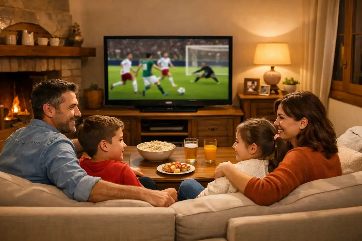 Famiglia felice che guarda partita insieme in salotto