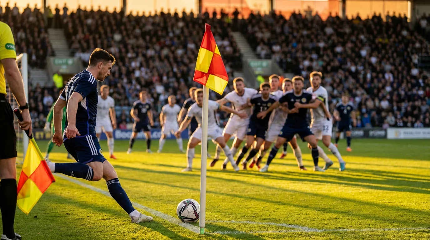 Calcio d'angolo durante una partita di calcio su campo verde con giocatori in attesa