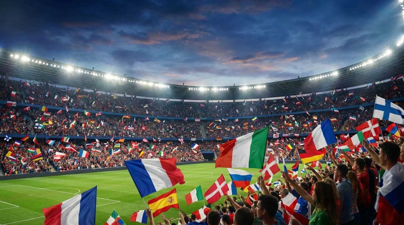 Stadio gremito di tifosi con bandiere nazionali durante una partita di un grande torneo internazionale di calcio