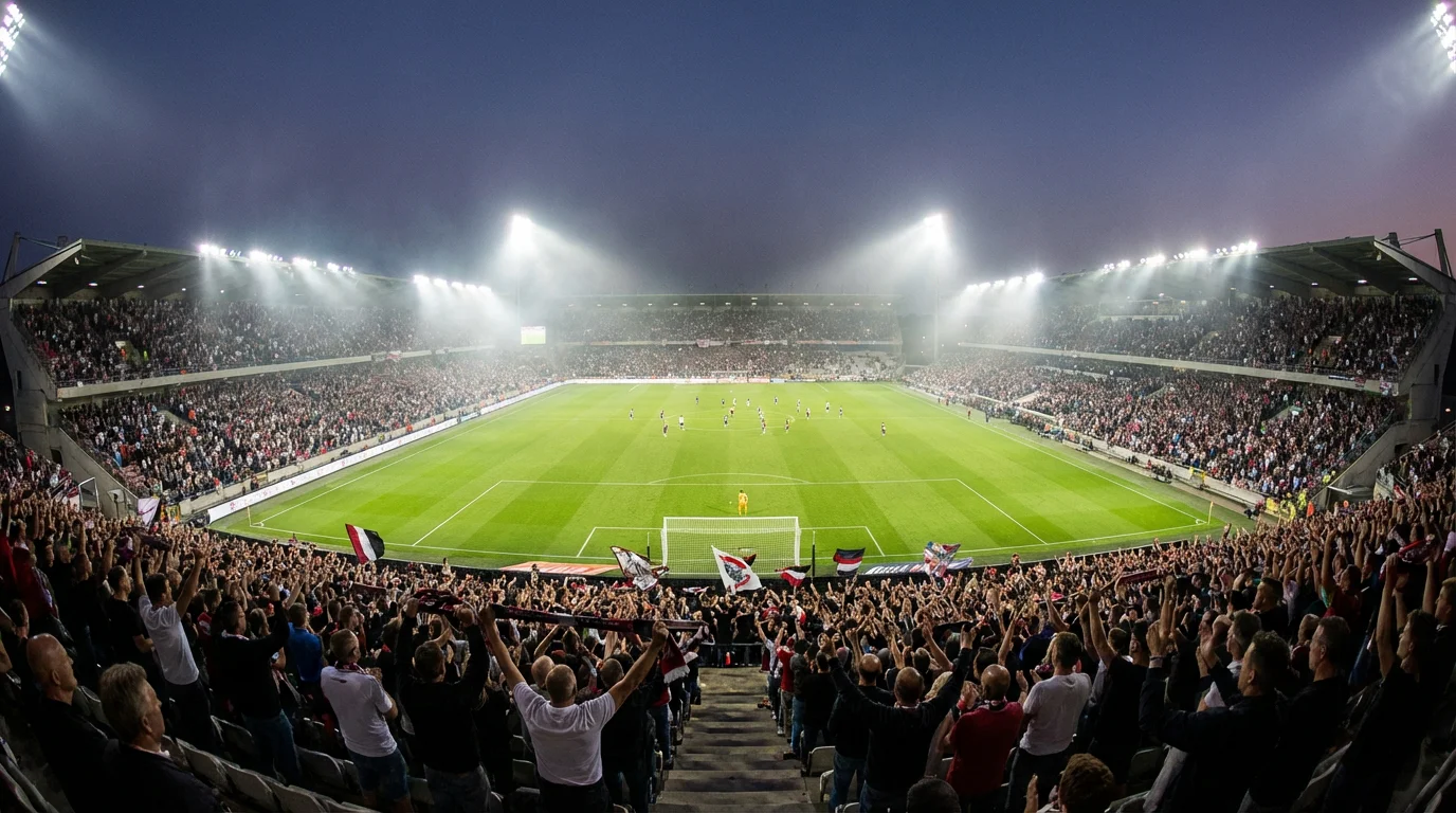Tifosi allo stadio di calcio seguono una partita serale sotto i riflettori