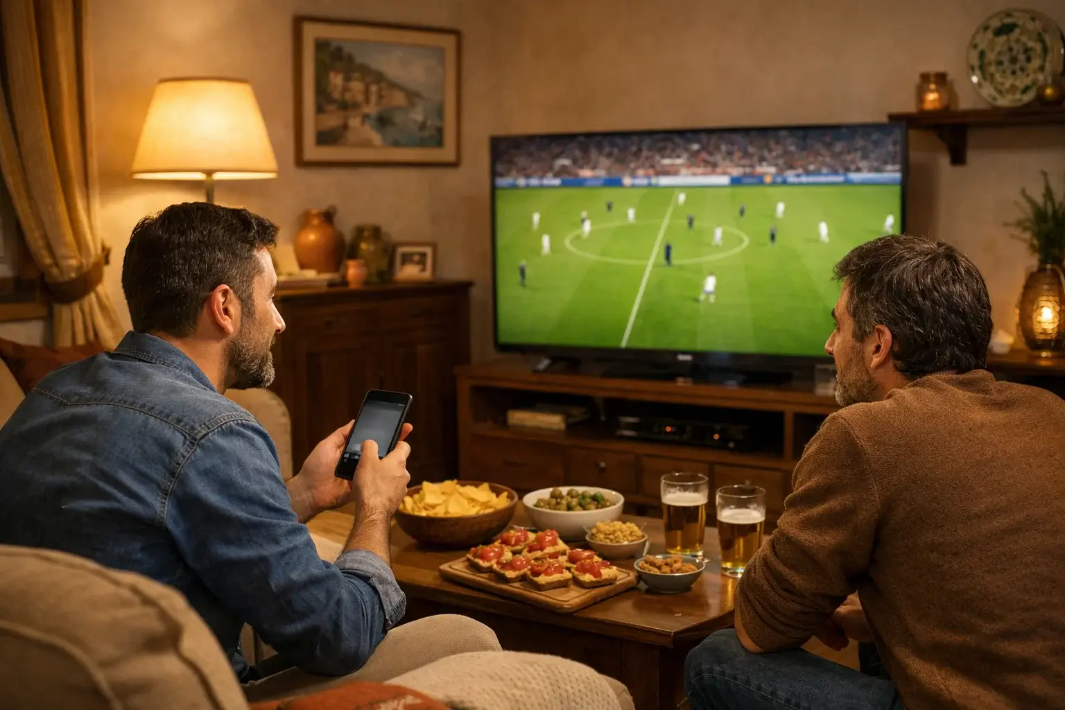 Tifosi che guardano partita di calcio su schermo in un ambiente accogliente