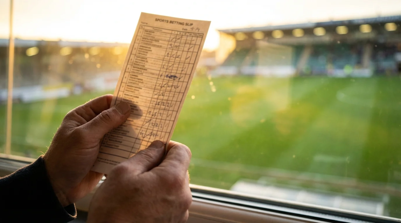 Mano che tiene una schedina di scommesse con campo da calcio sullo sfondo