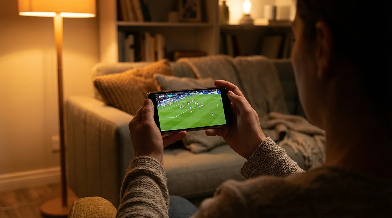 Persona guarda una partita di calcio in diretta sullo smartphone in salotto