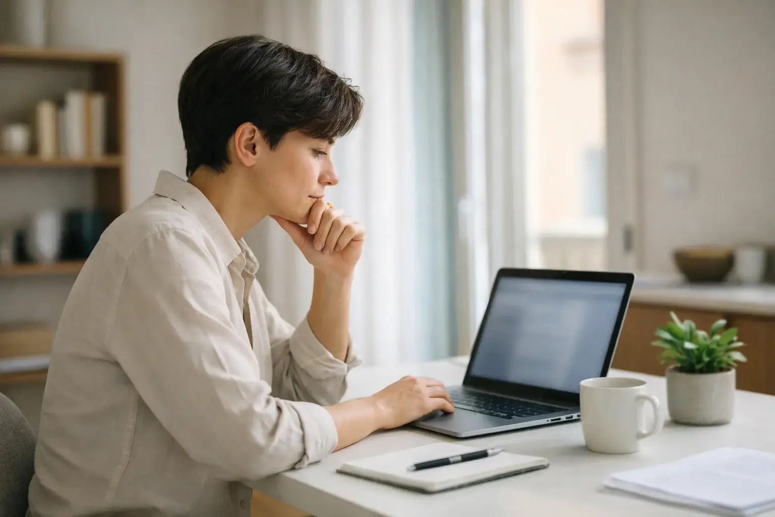Persona pensierosa che valuta opzioni su laptop